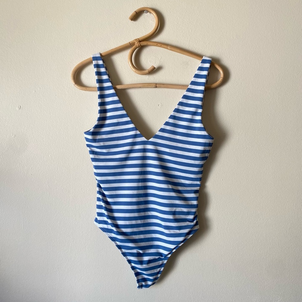 Aritzia Babaton Blue White Striped Thong One Piece Swim